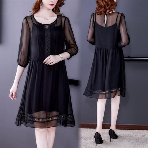 Spring Autumn Black Chiffon Hepburn Dress Women Fashion Mesh Hollow Out Sexy Club Midi Dress 2021 Elegant Bodycon Party Vestidos