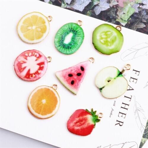 New Style 10PCS Enamel Alloy Fruit Pendant Charms Gold Tone Plated Watermelon Apple Lemon Strawberry Orange Kiwi Fruits Charm