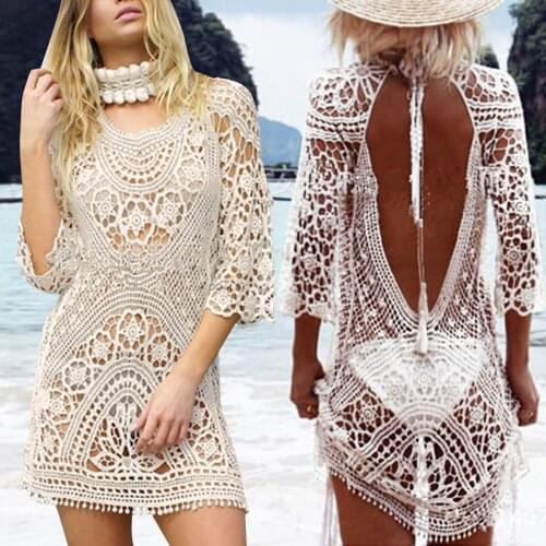 2021 Beach Dress Women Fashion Hollow Out Lace Bikini Cover-ups Summer Swimwear Beach Frock Female Sexy Vacation Loose Vestidos