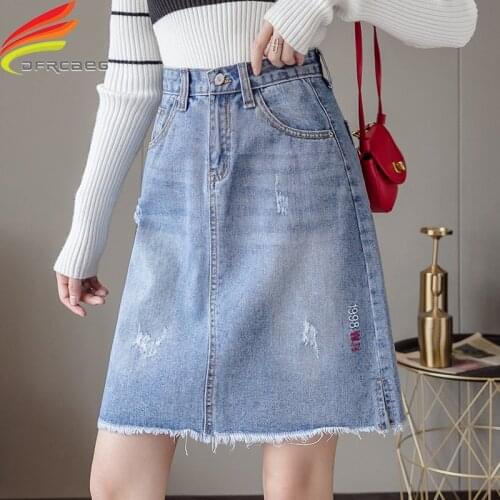 High Waist Denim Skirt 2019 Autumn New Arrivals Korean Style Women Midi Skirt Letter Embroidery Skirt Jeans Washed saia jeans
