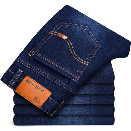 Brand four seasons Casual Men Jeans Pants Mid Waist Straight Denim Trouser Solid color Business Jeans Men Plus Size28-40