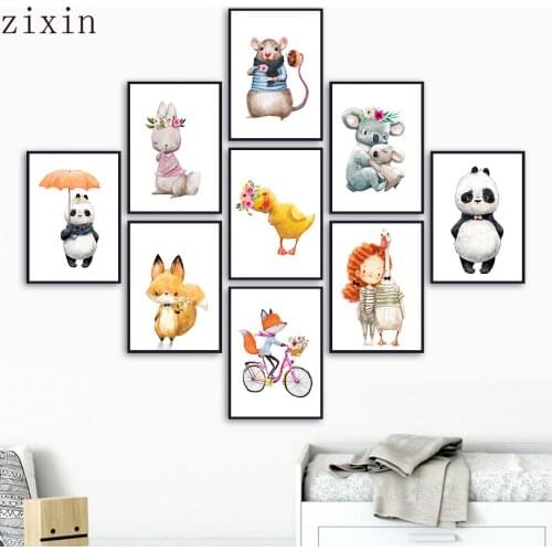 Koala Girl Duck Panda Fox Rabbit Mouse Wall Art Print Canvas Painting Nordic PostersWall Pictures And Prints Kids Room Decor