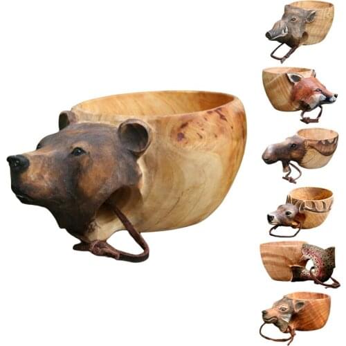 Drinking Cup Funny Creative Wooden Mug Animal Shape Hand Carved Outdoor Cup with Lanyard for Coffee Tea Milk Portable Camping