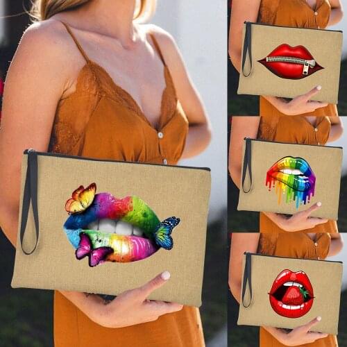 Zipper Lips Rainbow Butterfly Print Fashion Women Clutch Cosmetic Organizer Makeup Bag Travel Storage Handbag Tote Bags Purse