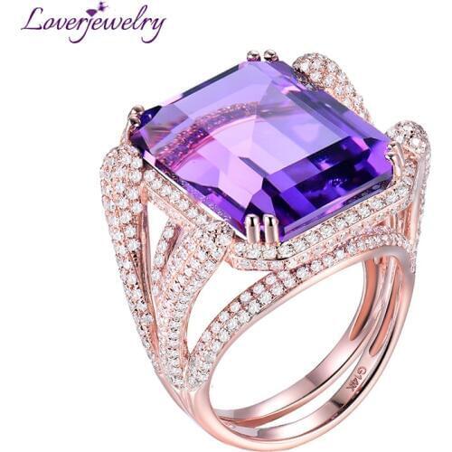 Natural Amethyst Rings For Women Elegant Ladies Emerald Cut 15x20mm Amethyst Diamonds Engagement Party Ring Real 14Kt Rose Gold