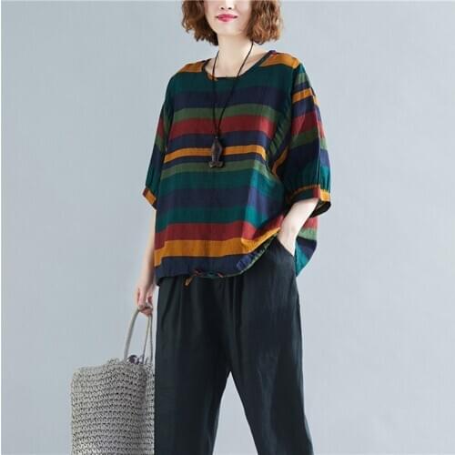 Johnature Causual Simple Striped Loose Women Tops Shirts 2021 Summer New O-neck Half Sleeve Pullover Female Blouses