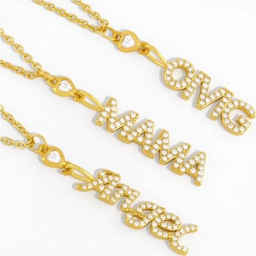 FLOLA Small MAMA Letter Necklace For Women Gold Chain White Stone OMG Angel Pendant Necklace Zirconia Jewelry Family Gift nkes33