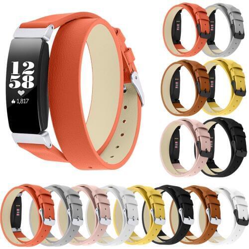 Genuine Cowhide Leather Watch Band Double-Tours Watch Strap for Fitbit Inspire Metal Buckle Bracelet Belts for Fitbit Inspire HR