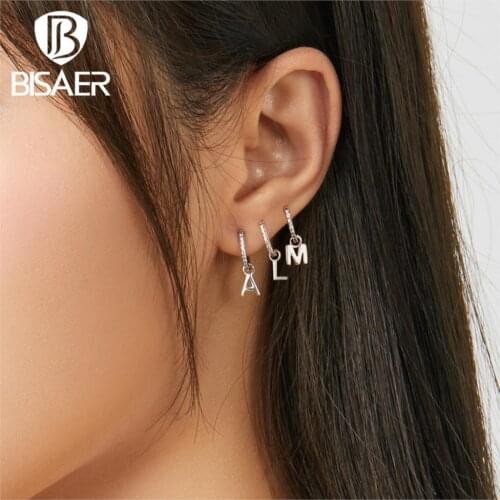 Letter Earrings BISAER Hot Sale 925 Sterling Silver Alphabet Women Earrings for Women Cubic Zircon Earrings Jewelry ECE848