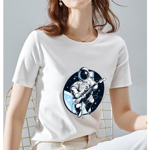 Womens Fashion T-shirt Small Fresh Slim Round Neck Summer Commuter Womens Astronaut Print Pattern Round Neck White T-shirt