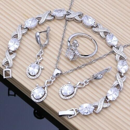 Women Wedding Silver 925 Jewelry Sets White Topaz Long Earrings Necklace Sets Imitation Diamond Bracelet Gift for Her
