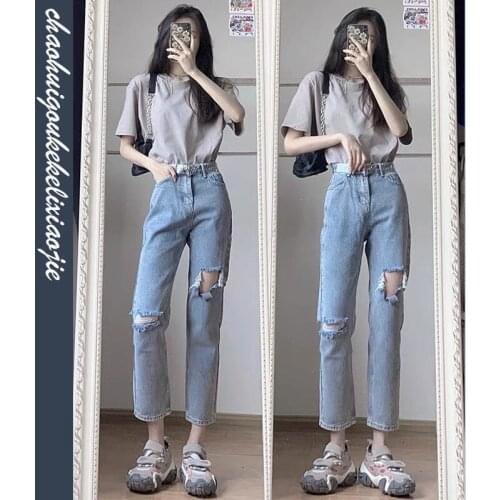 2021 Summer New Cool Girl Korean Simple Style T-shirt + High Tight-fitting Ripped Jeans Suit Girls Two Pieces