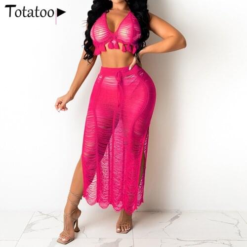 Totatoop Women Swimsuit Cover Up Halter Crop Top And Long Skrits Hollow Out See Through Two Piece Set Outfit Festival Knit Sets