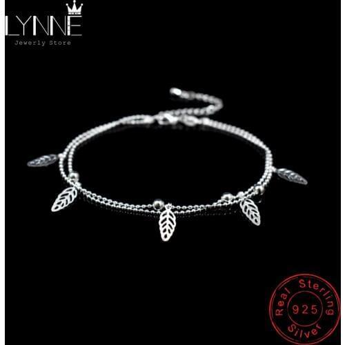 New 925 Sterling Silver Two Floor Small Bead Chain Leaves Pendant Anklet Women Fashion Jewelry Gift Lucky Clover Anklet Bracelet