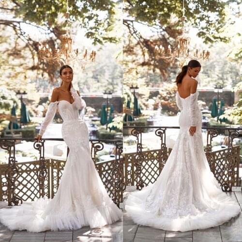 2021 New Mermaid Wedding Dresses Sexy Off Shoulder Lace Appliques Bridal Gowns Custom Made Backless Sweep Train Wedding Dress
