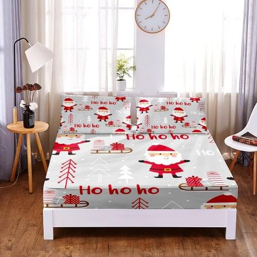 Santa Claus Digital Printed 3pc Polyester Fitted Sheet Mattress Cover Four Corners with Elastic Band Bed Sheet Pillowcases