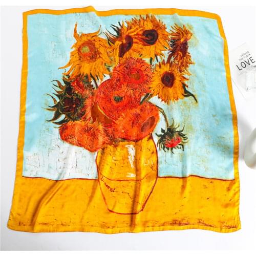 Spring Designer Bandana Women Luxury Brand 90cm*90cm Square Scarf Van Gogh Oil Painting Sunflower Shawl Foulard Summer Soft Wrap