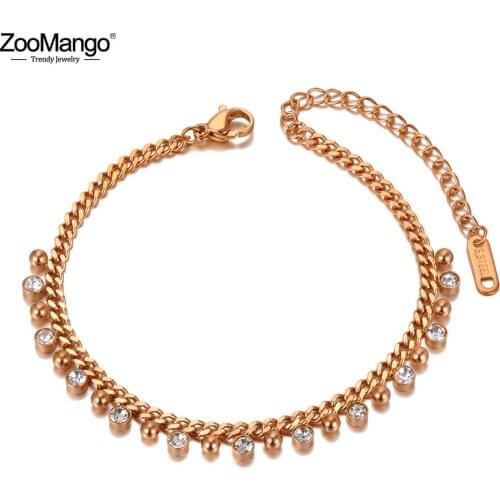 ZooMango Sparkling CZ Crystal & Ball Charm Bracelets Bangles For Women Stainless Steel Link Chain Bohemia Beach Bracelet ZB20179