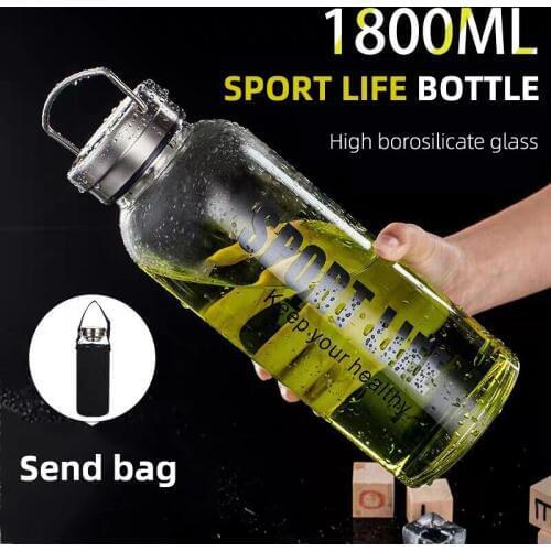 1800ml High Borosilicate Glass Water Bottle Sports Life Pattern with Filter Stainless Steel Cup Lid Instant Temperature -20-150