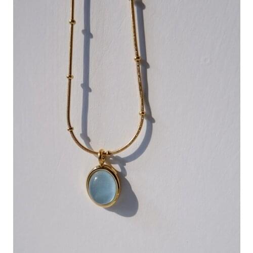 INS Hot Gold Plated 316L Stainless Steel Collarbone Chain Choker Aquamarine Semi Stone Oval Pendant Necklace For Women Gift
