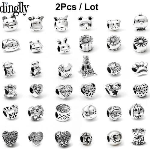 Dinglly 2Pcs Fashion Animal Beaded Cat Dog Bear Love Silver Color Beads Charm Fit Original Bracelet Necklace Jewelry Accessories