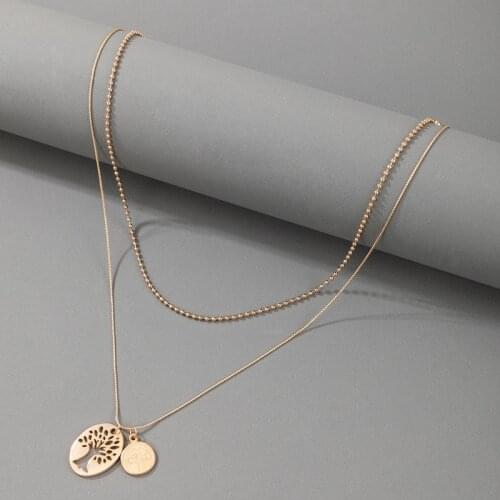 HuangTang 2021 Trendy Hollow Tree Pendant Necklace for Women Double Layer Gold Color Geometric Clavicle Chain Jewelry Gift 18177