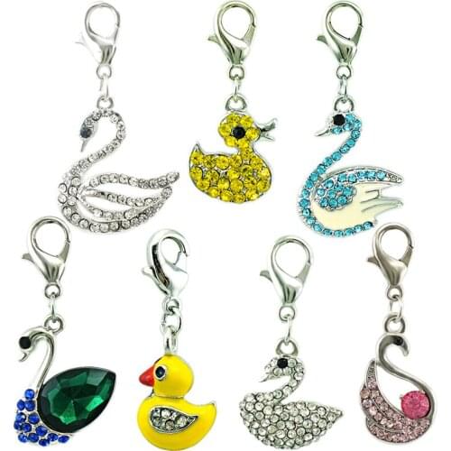 JINGLANG Fashion 12pcs/lot Animals Lobster Clasp Charms Dangle 4 Color Rhinestone Duck Charms For Jewelry Making DIY Accessories