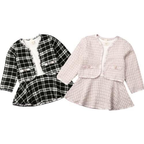 Fashion 1-6Y Baby Girls Clothes Sets Birthday Long Sleeve Plaid Coat Tops+Dress 2Pcs Party Warm Chic Winter Outfits
