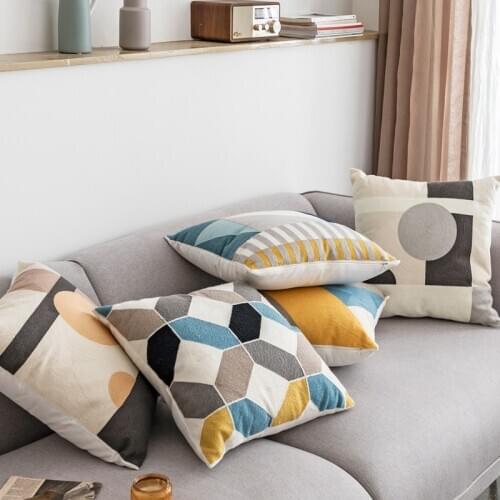 45x45cm Cushion Cover Blue Coffee Yellow Grey Abstract Geometric Cotton Square Embroidery Pillowcase Home Decor