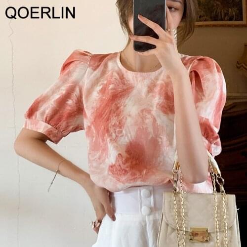 QOERLIN Fashion Summer Puff Sleeve Shirts Women New Loose Retro Ink Tie-Dye Blouse Female Short Sleeve Shirt Plus Size Pink Gray
