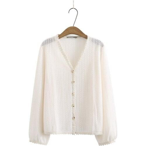 Plus Size XL-4XL Womens V-neck Lace Blouse Long Sleeved Summer Sun-protection Crochet Tops