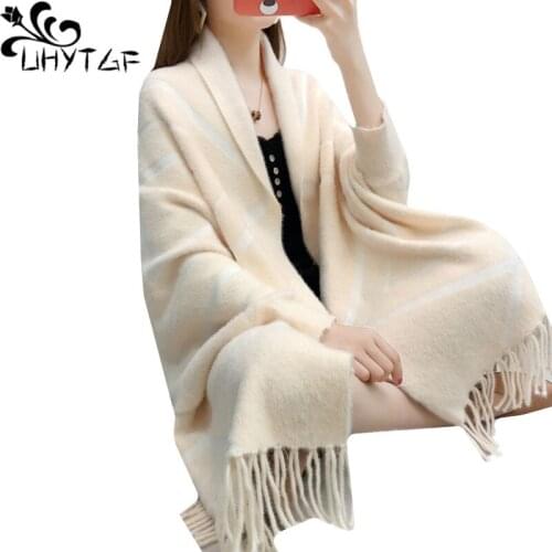 UHYTGF Mink Fleece Knitted Spring Autumn Coat Womens Fashion Tassel Cloak Shawl Loose Plus Size Jacket Cardigan Female Tops 1313