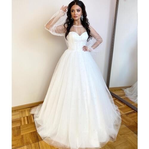 Polka-Dot Wedding Dress A-Line O-Neck Illusion Lantern Sleeve Button Floor Length Sweep Train Bride Gown Custom Made 2021