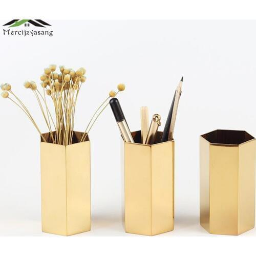 Flowers Vases Centerpiece Six Rib Vase Stainless Steel Gold Tabletop Pen Flower Holder for Home/Wedding Decoration Gifts G033