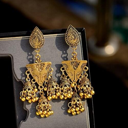 Vintage Triangle Turkish Jhumka Drop Earrings Womens Gold Color Bells Tassel Ethnic Carved Indian Turkey Jewelry Bijoux