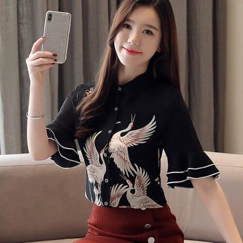 Chinese Style Clothing Women Fashion 2021 Summer Shirts Chiffon Blouse And Top Women Vintage Crane Print Retro Shirt KK3638