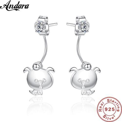 100% 925 Sterling Silver Minimalist Cute Dog Stud Earrings with Clear CZ Zircon Small Earrings Woman Girl Birthday Gift