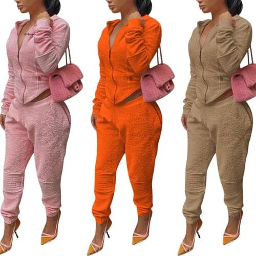 Womens Velvet Top, Jogger Pants, Long Sleeve V-Collar Elastic Zipper Coat, Sports Middle Waist Loose Warm Trousers