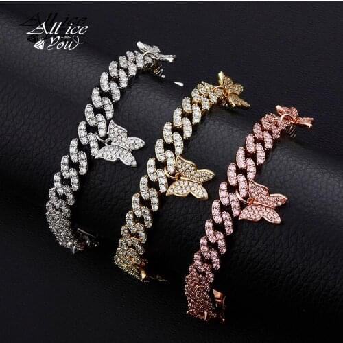 ALLICEONYOU Butterfly Bracelet Miami Cuban Iced Out Cubic Zirconia Hip Hop Chain Choker High Quality Jewelry Gift For Women