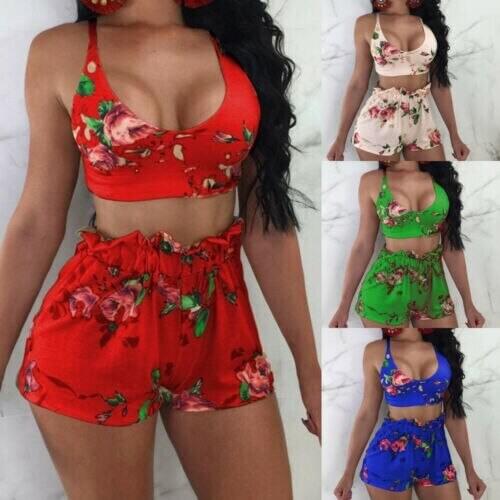 Women Summer Two Piece Set Floral Sleeveless Crop Top Shorts Outfits Summer Casual Female Set Beach Club Clothes