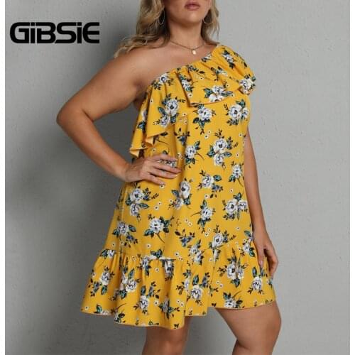 GIBSIE Floral Print One Shoulder Ruffle Dress Plus Size 3xl 4xl Women Summer Casual Tunic Holiday Boho Beach Dresses 2021