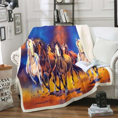 Running Horse Painting Art 3D Animal Print Plush Throw Sherpa Fleece Bedspread Blanket Vintage Bedding Square Picnic Wool Soft