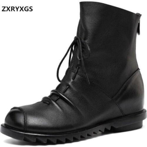 ZXRYXGS Brand Shoes Woman Boots 2019 New Autumn Winter Boots Fashion Casual Shoes Flat Non-slip Soft Full Genuine Leather Boots