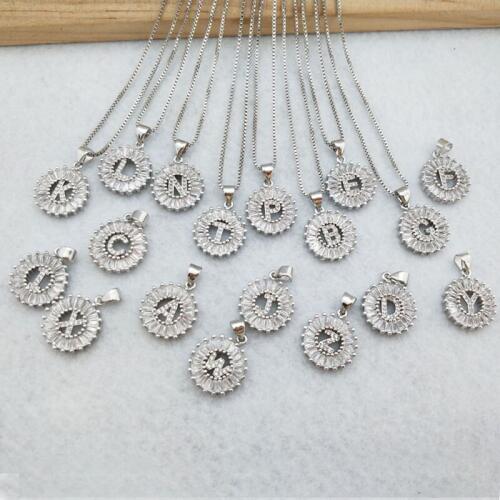 10 Pieces Silver Color Round Micro Pave Crystal Cubic Zirconia 26 Letter Pendants Charms Necklace women Jewelry making NK347