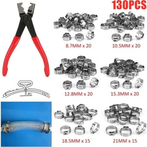 130pcs Stainless Steel 1-Ear Stepless Fuel Clamp Worm Drive Fuel Water Hose Pipe Clamps Clips+ 1PC Hose Clip Clamp Pliers