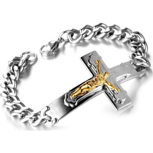 Gold Silver Color Stainless Steel Cuff Bracelets for Men Jesus Cross Link Chain Bracelets Metal Religious Crucifix Jewelry