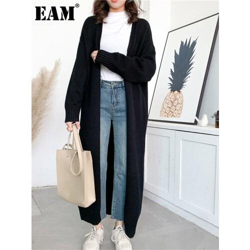 [EAM] Gray Long Keep Warm Knitting Cardigan Sweater Loose Fit V-Neck Long Sleeve Women New Fashion Tide Autumn Winter 2021 1Y193