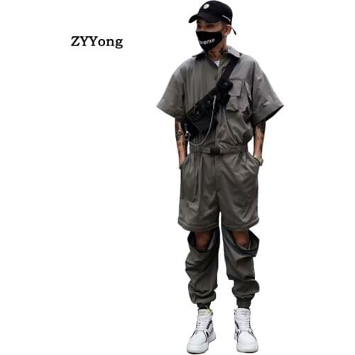 New Fashion Jumpsuit Men Rompers One Piece Overalls Mens Short Sleeve Casual Punk Rock Denim Pants Male Clothing Size M-XXL