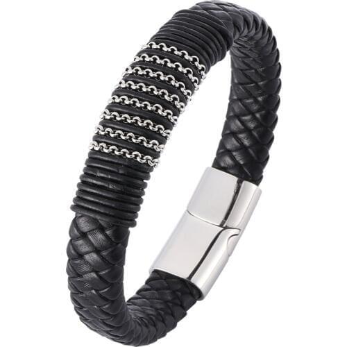 Leather bracelet for Men Jewelry Stainless Steel Clasp Steel bracelet Mixed Braid Rope Chain Trend design Wristband BB0399