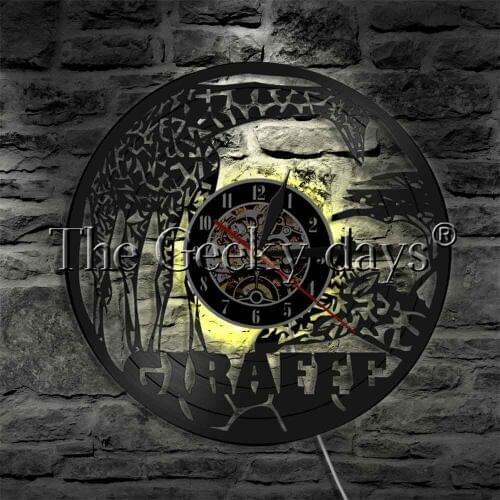 Africa Animals Giraffe Vinyl Record Wall Clock With LED Backlight Wildlife Modern Wall Lamp Home Decor Wall Watch